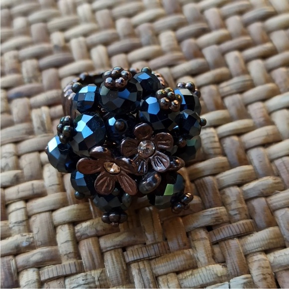 Chunky Stretchy Ring Metallic Black Charm Cluster Flower Beads Vintage Statement - Picture 14 of 15